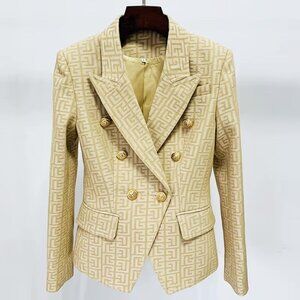 NEW! Khaki Jacquard Gold Button Geo Detail Blazer Jacket